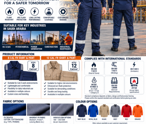 Kingshey 8 Cal and 12 Cal FR shirt and pant designs for Saudi Arabian industrial workwear buyers