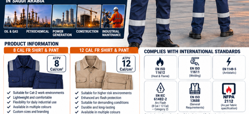 Kingshey 8 Cal and 12 Cal FR shirt and pant designs for Saudi Arabian industrial workwear buyers
