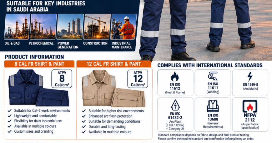 Kingshey 8 Cal and 12 Cal FR shirt and pant designs for Saudi Arabian industrial workwear buyers