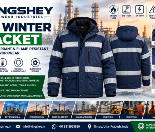 Kingshey FR winter jacket manufacturer in India supplying customized flame-resistant winter workwear for Saudi Arabia.