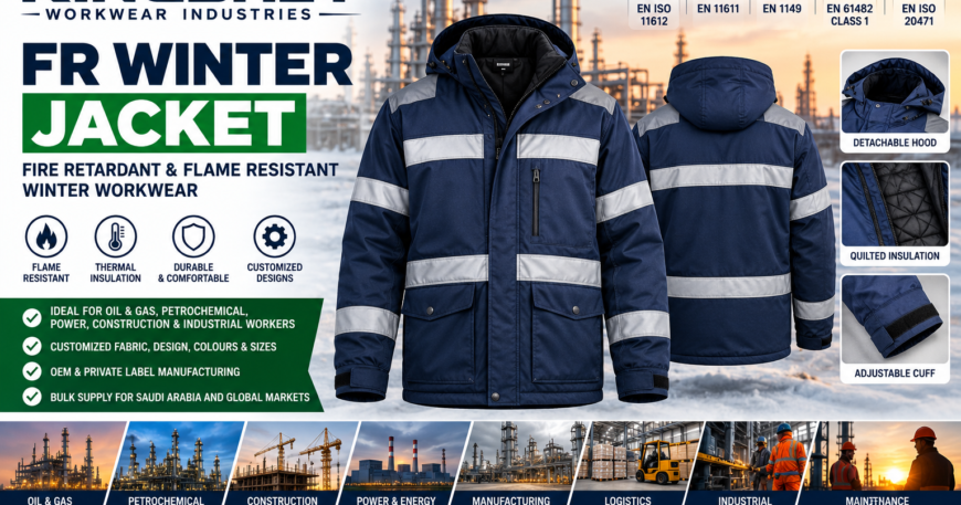 Kingshey FR winter jacket manufacturer in India supplying customized flame-resistant winter workwear for Saudi Arabia.